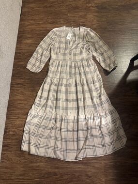 Marine Layer Cream Plaid Tiered Midi Dress